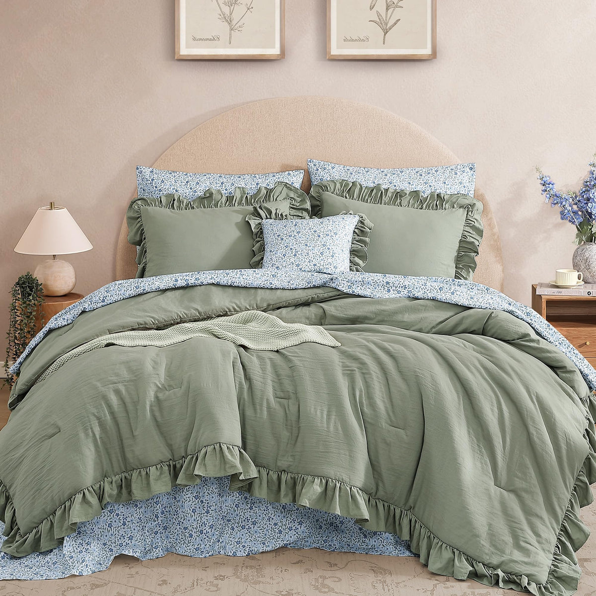 BLOOMHAVEN Queen Comforter Set-7 Pieces Ruffle Bedding with Floral Sheet