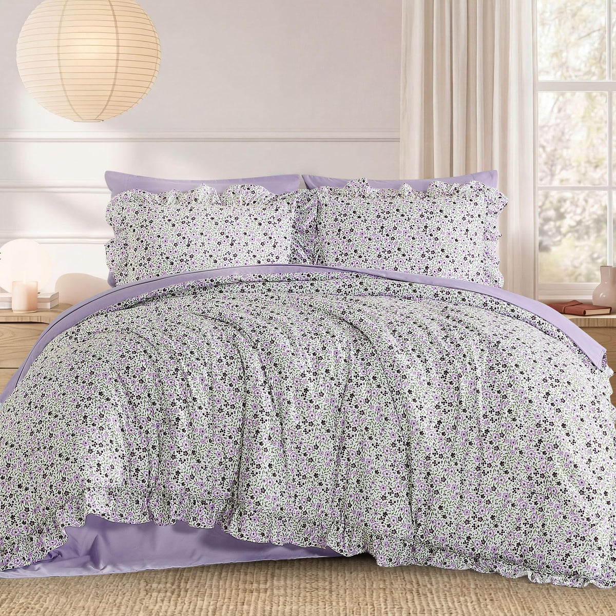BLOOMHAVEN Queen Comforter Set-7 Pieces Ruffle Bedding with Floral Sheet