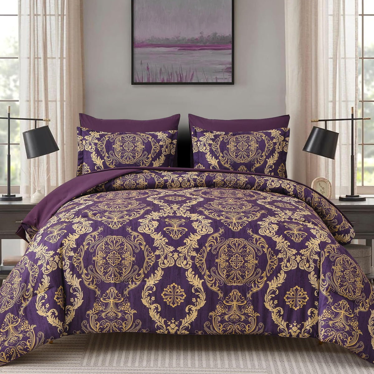 WONGS BEDDING Black Comforter Set King Size, Gold Damask Texture 7 Pieces Bed in a Bag Microfiber Comforter Bedding Sets -1 Comforter, 1 Flat Sheet, 1 Fitted Sheet, 2 Pillow Shams, 2 Pillowcases