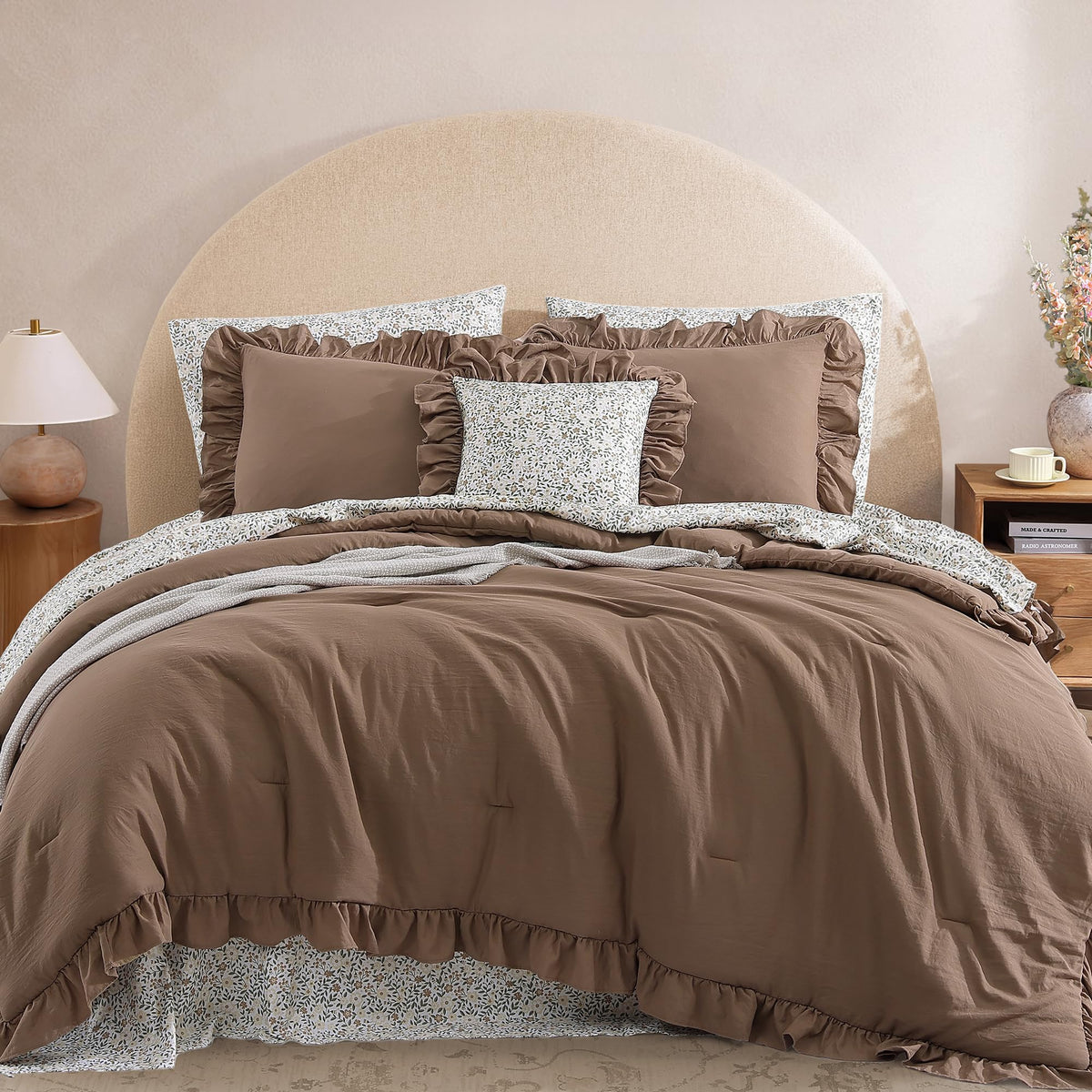 BLOOMHAVEN Queen Comforter Set-7 Pieces Ruffle Bedding with Floral Sheet