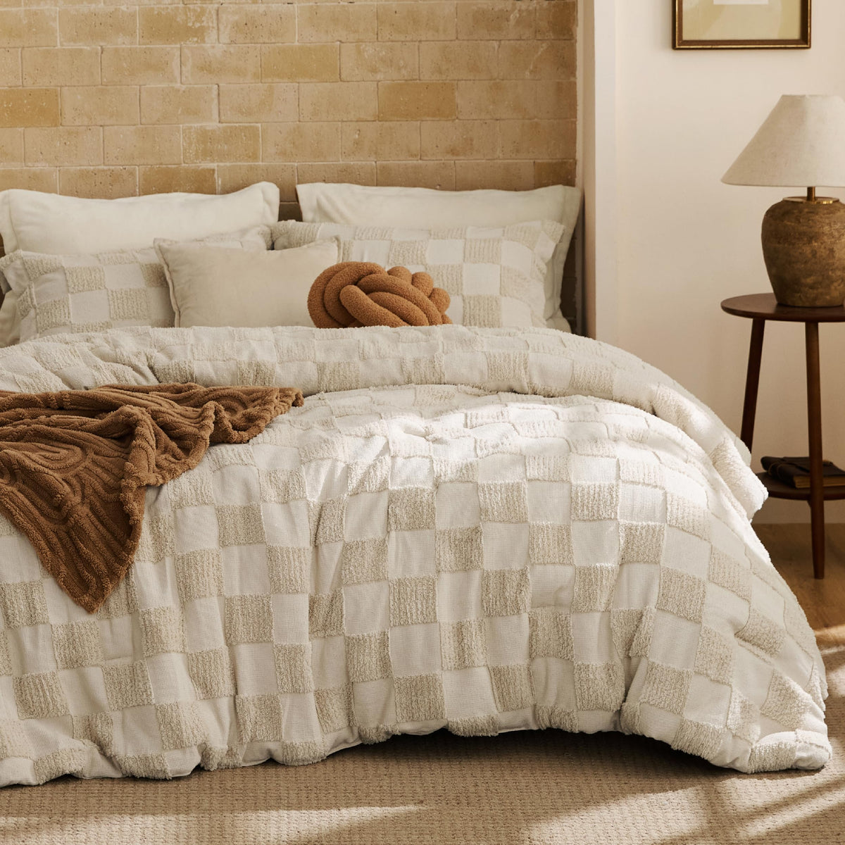 Bedsure Comforters Queen Set Boho, Vintage Plaid Bedding Set Beige 3 Pcs