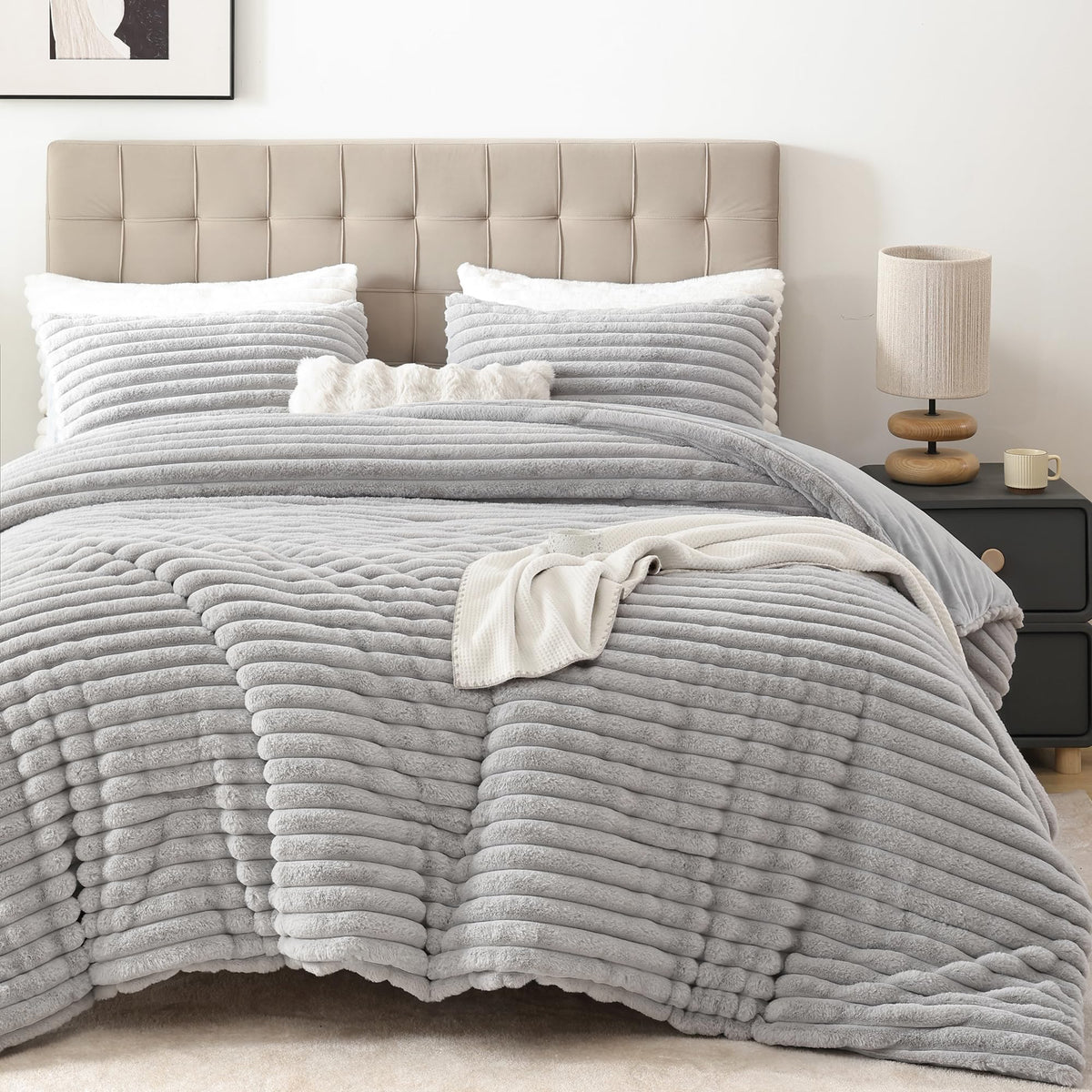 Smoofy Fluffy Queen Size Comforter 3 PCS - Tie Dye Grey Fleece Bedding Set