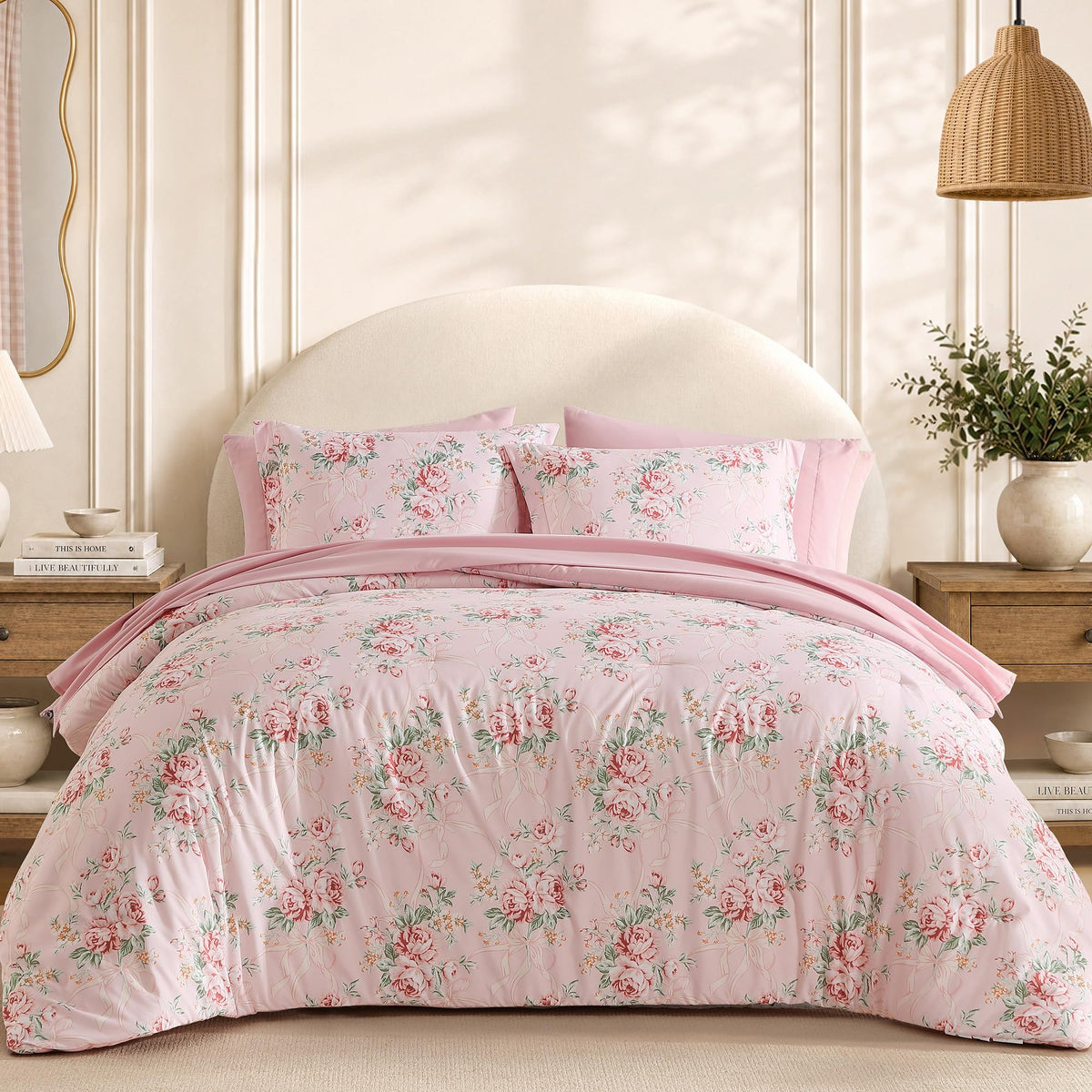 BLOOMHAVEN Full Size Comforter Sets-7 Pieces Rose Floral Bed in a Bag
