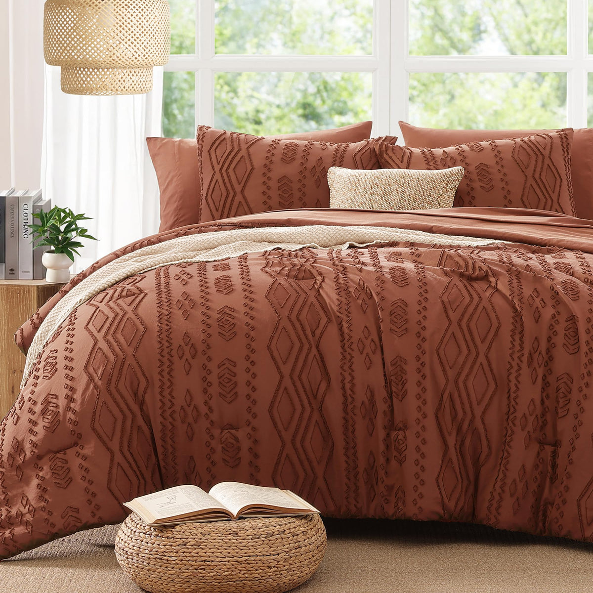 King Size Comforter Set Beige Tufted Boho Bedding Sets Farmhouse 7 Pieces