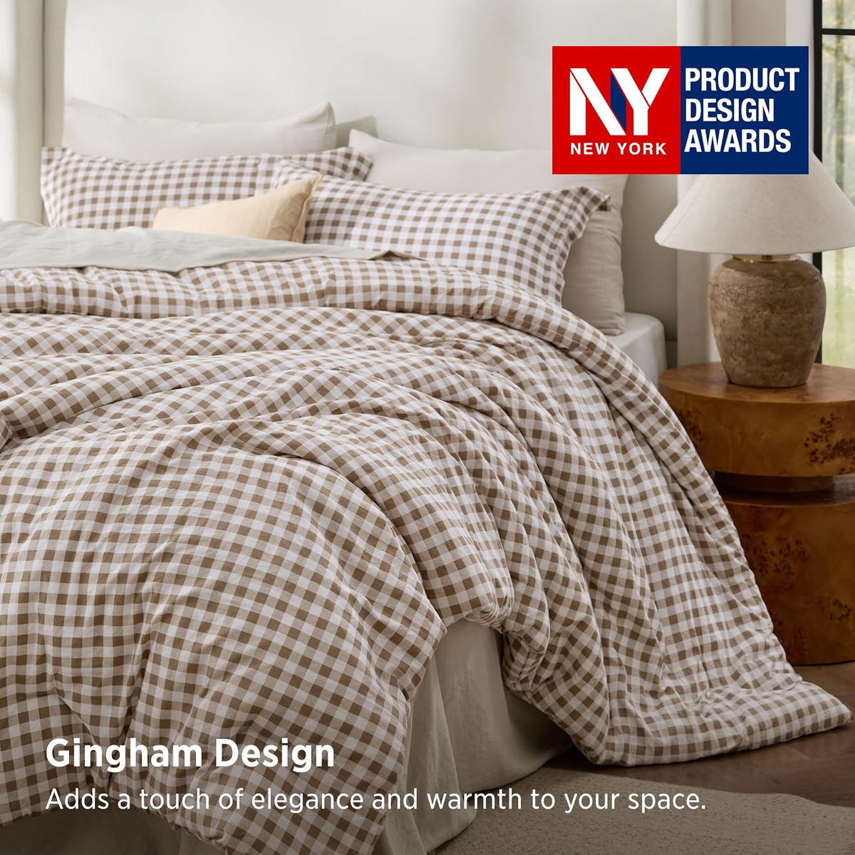 Bedsure Brown Gingham Comforter Set Queen Size, Soft Fall Bedding 3 pcs
