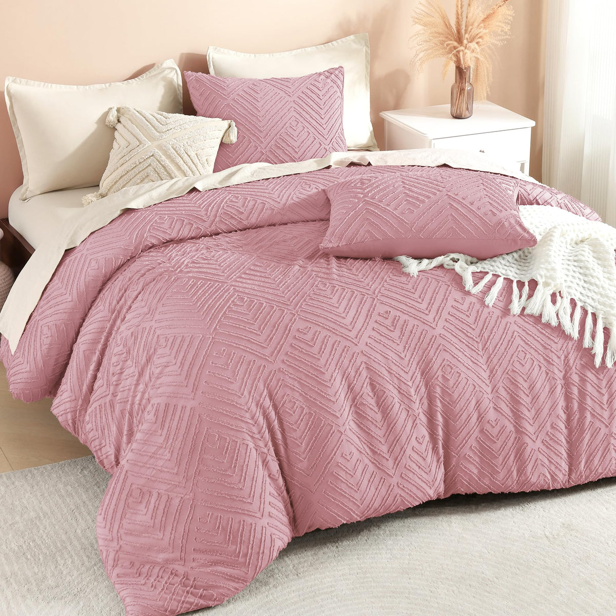 Litanika California King Comforter Set, 3 Pcs Beige Tufted Boho Bedding Set