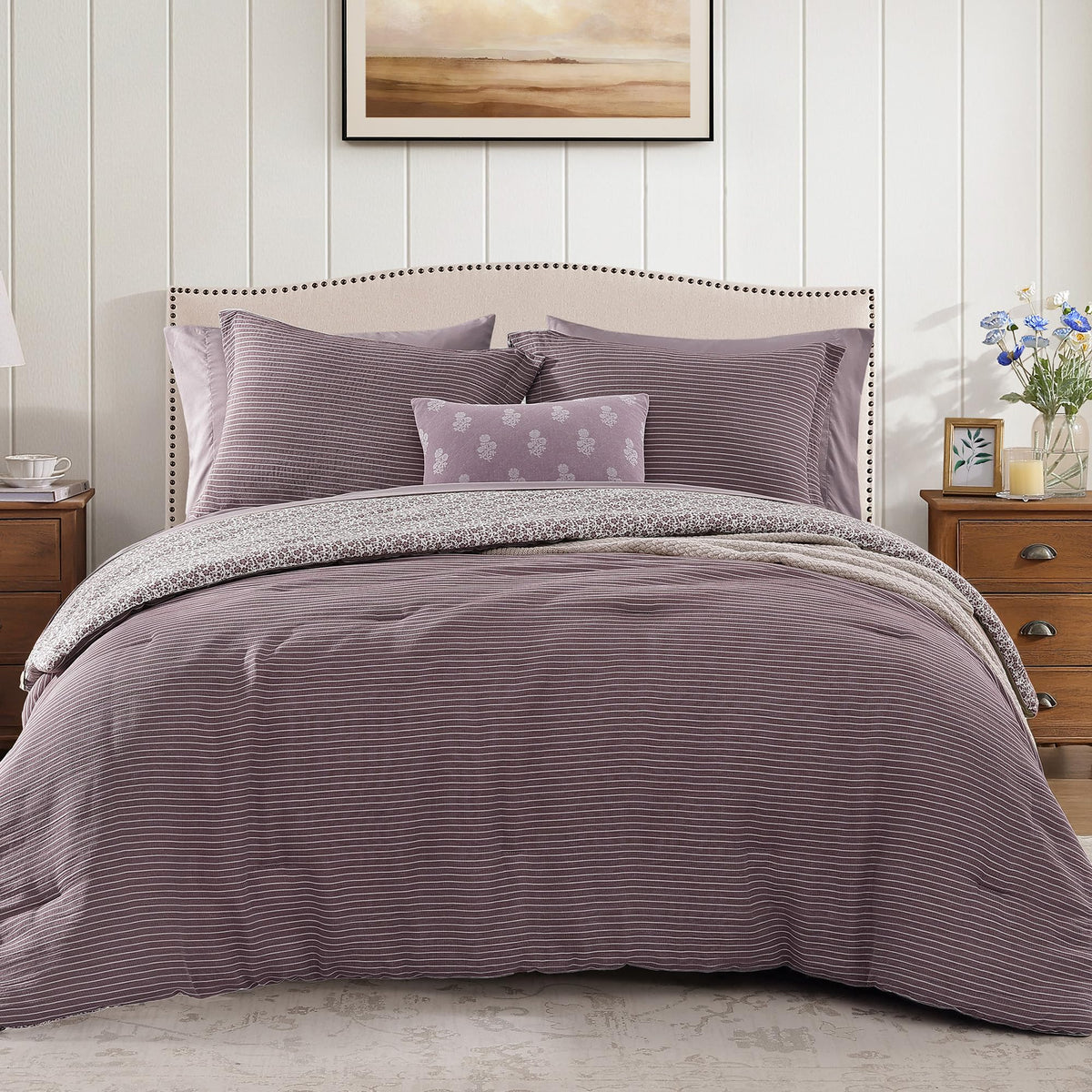 BLOOMHAVEN Queen Comforter Set-7 Pieces Green Plaid Floral Bedding Set