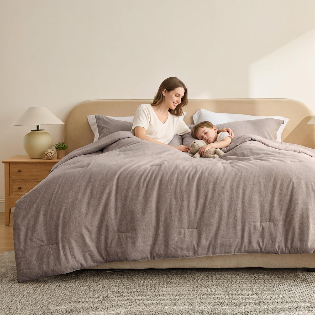 Bedsure King Size Comforter Set, Beige Soft Cationic Dyed Bed Set 3 Pcs