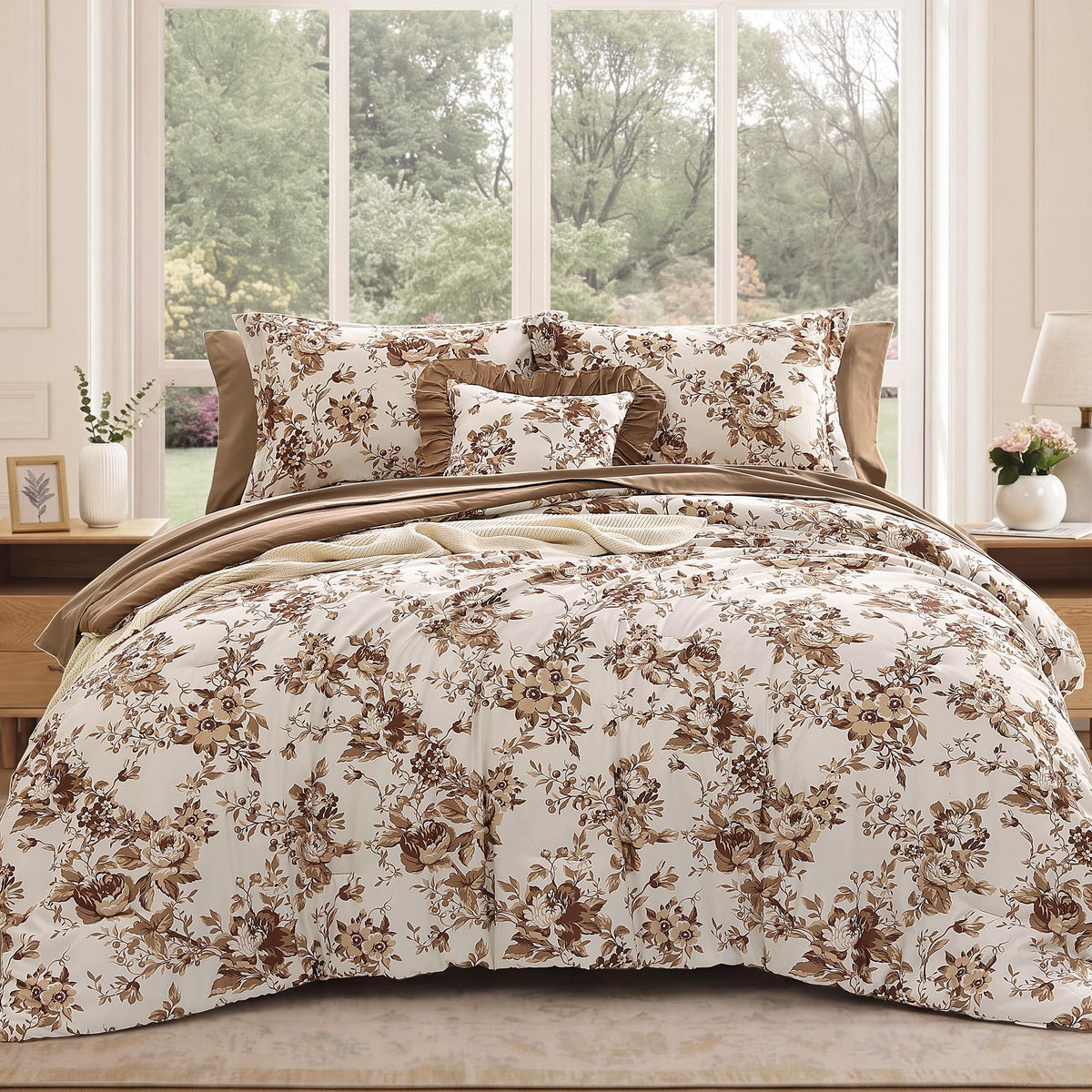 BLOOMHAVEN Full Size Comforter Sets-7 Pieces Rose Floral Bed in a Bag