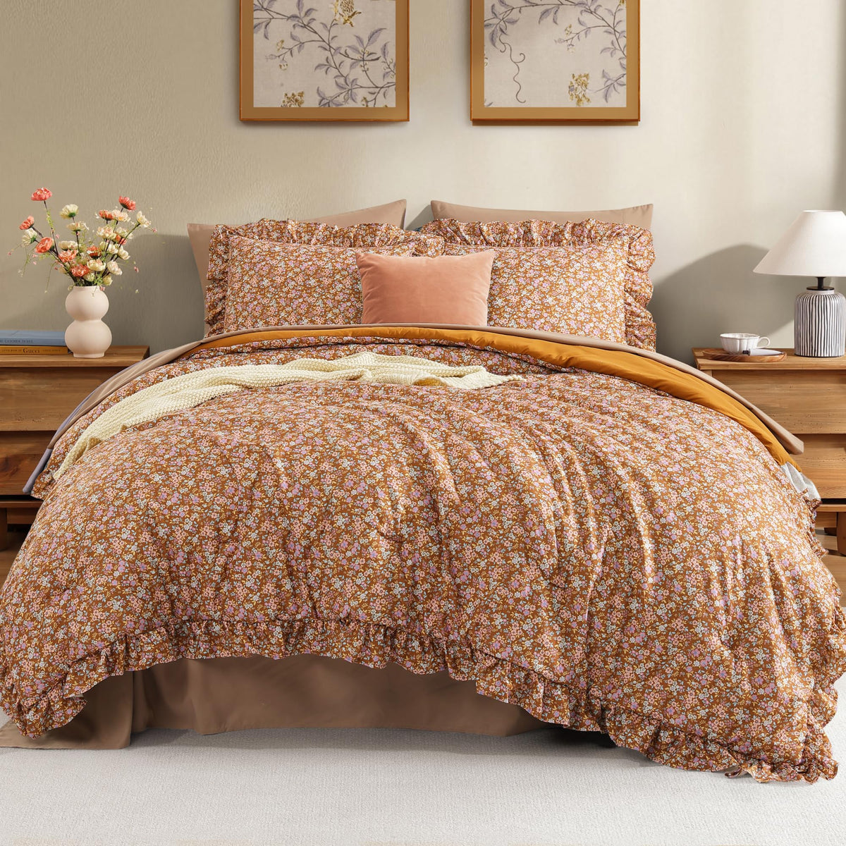 BLOOMHAVEN Queen Comforter Set-7 Pieces Ruffle Bedding with Floral Sheet