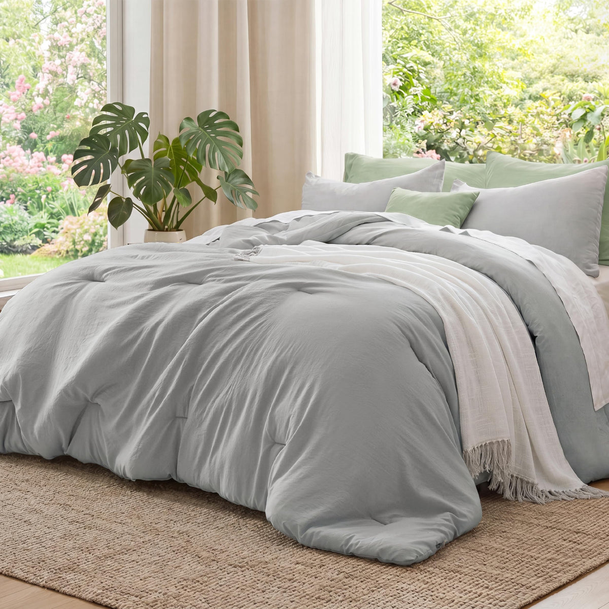 Bedsure Queen Comforter Set Prewashed Soft Bedding Set 3Pcs Beige 90"x90"