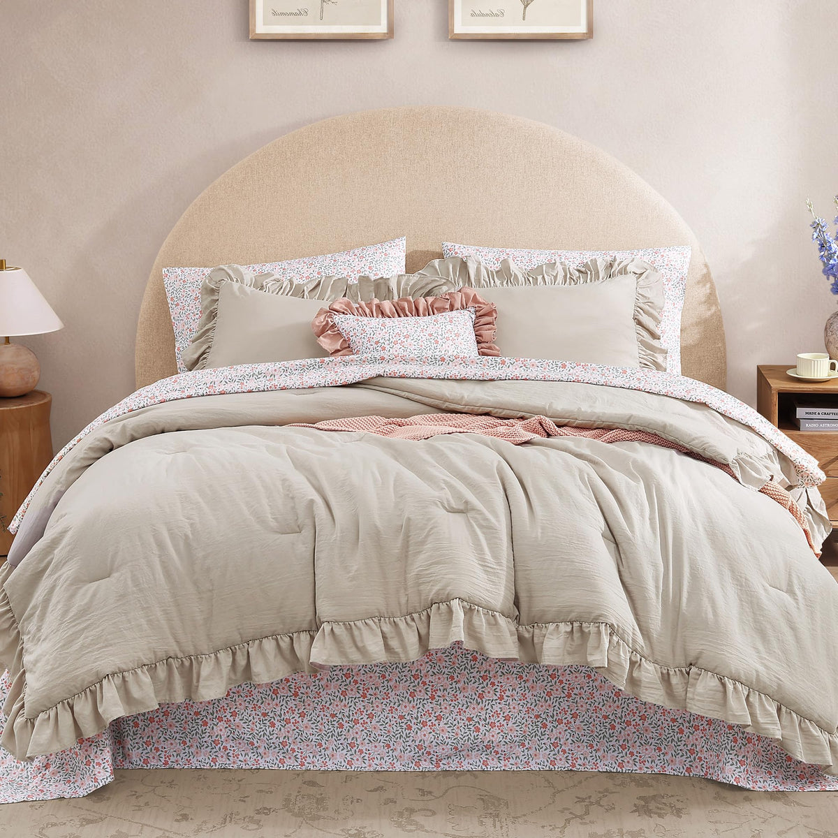 BLOOMHAVEN Queen Comforter Set-7 Pieces Ruffle Bedding with Floral Sheet