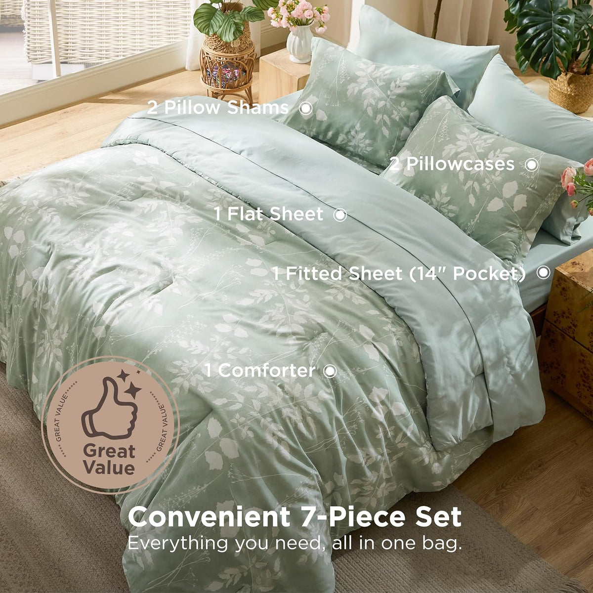 Bedsure Floral Sage Green Comforter Set, Full Bedding Sets, 7 Piece