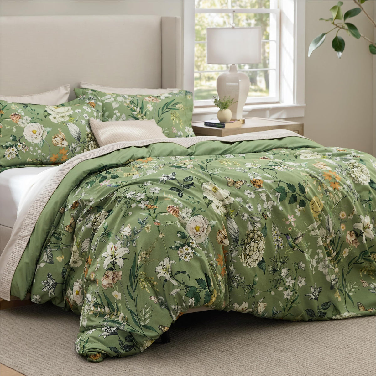 Bedsure Floral Queen Comforter Set, White Breathable Fall Bedding 3 Pcs