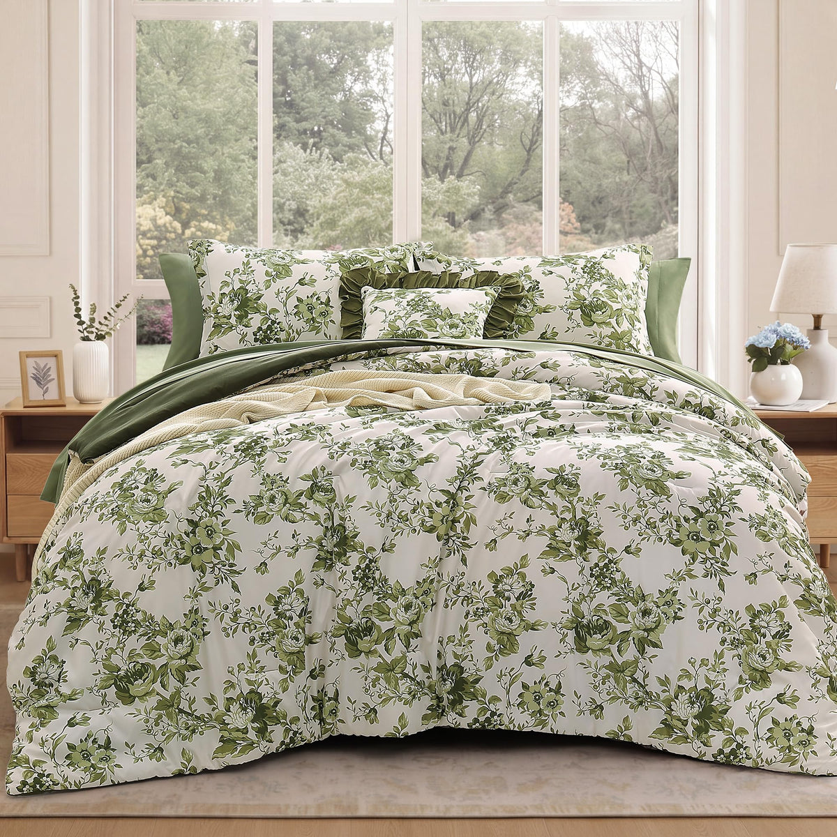 BLOOMHAVEN Full Size Comforter Sets-7 Pieces Rose Floral Bed in a Bag