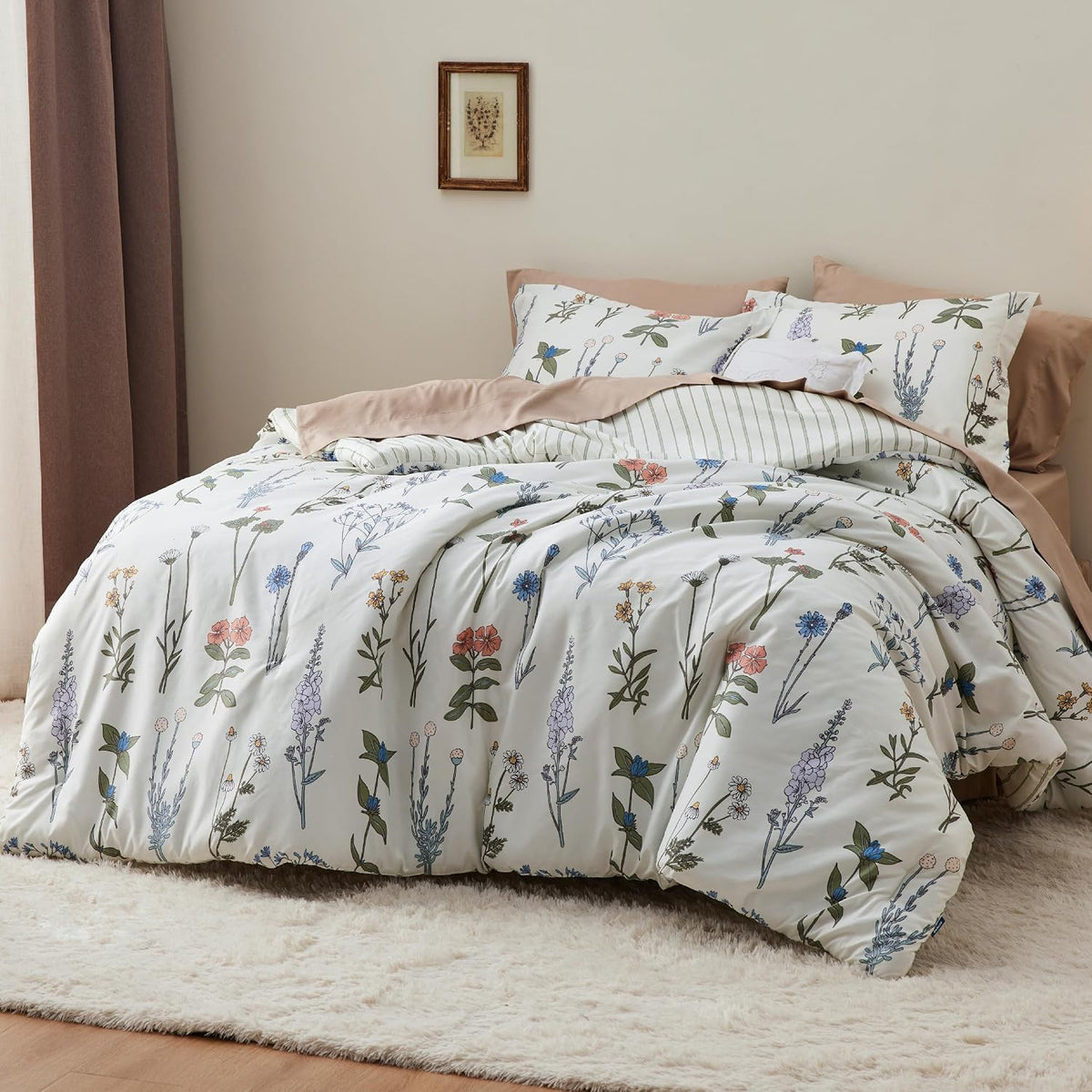 Bedsure Floral Queen Comforter Set, White Breathable Fall Bedding 3 Pcs