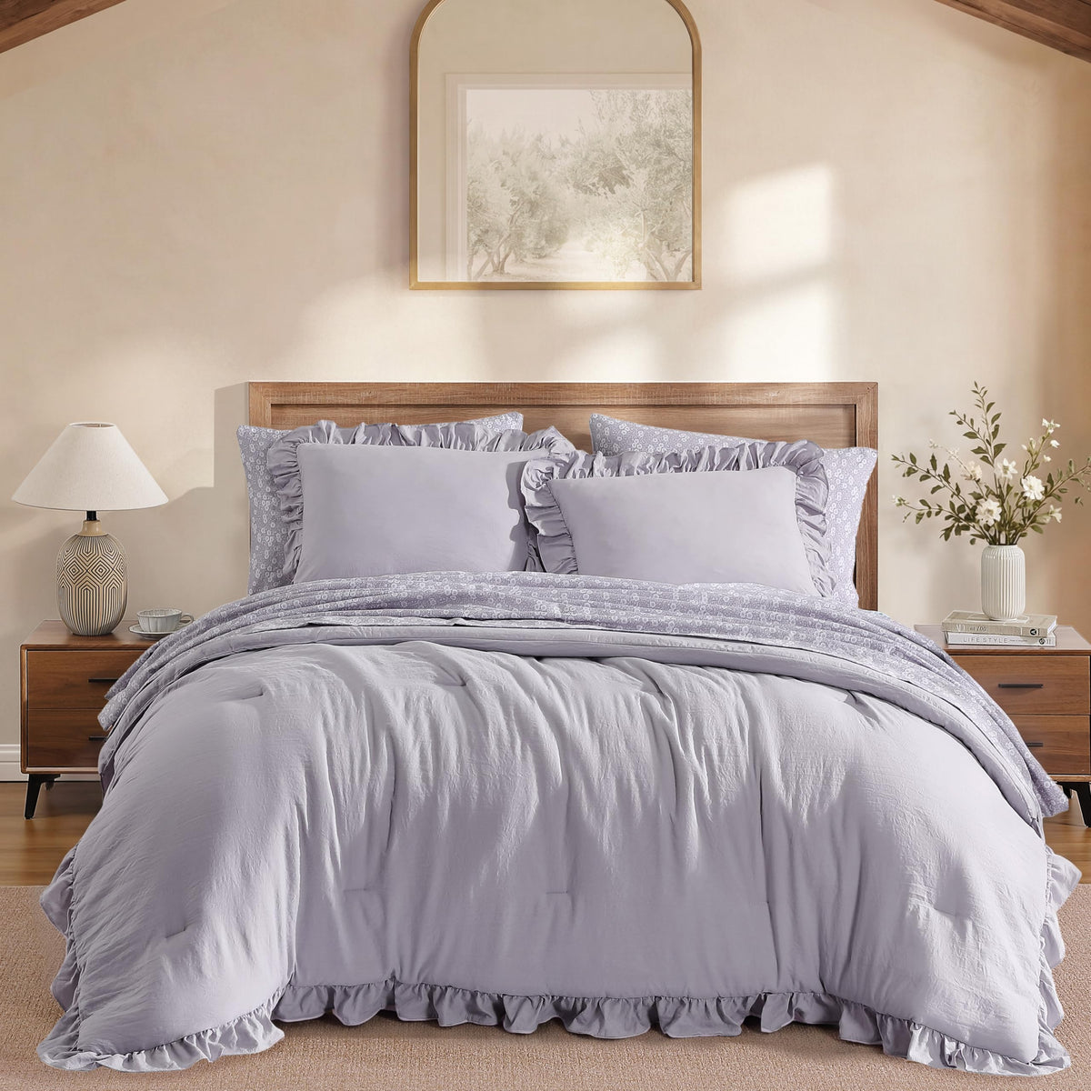 BLOOMHAVEN Queen Comforter Set-7 Pieces Ruffle Bedding with Floral Sheet