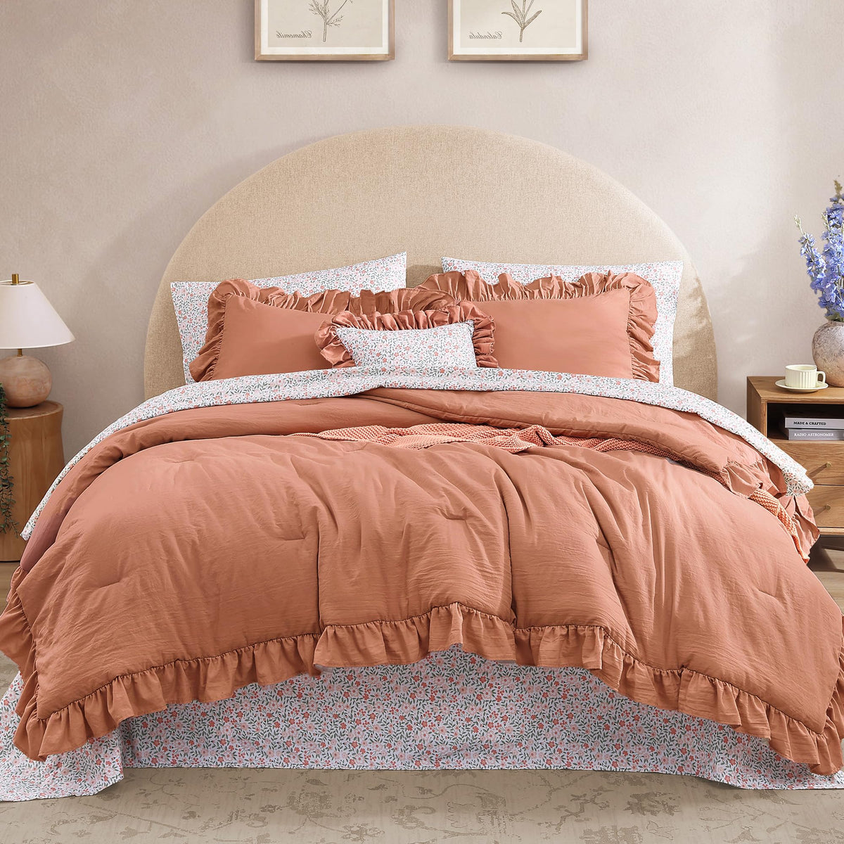 BLOOMHAVEN Queen Comforter Set-7 Pieces Ruffle Bedding with Floral Sheet