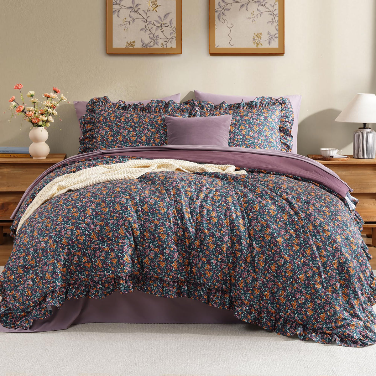 BLOOMHAVEN Queen Comforter Set-7 Pieces Ruffle Bedding with Floral Sheet