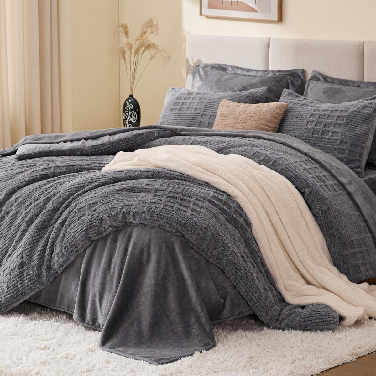 EXQ Home Fluffy Comforter Set Queen Size,3 Pieces Bed Set,Black