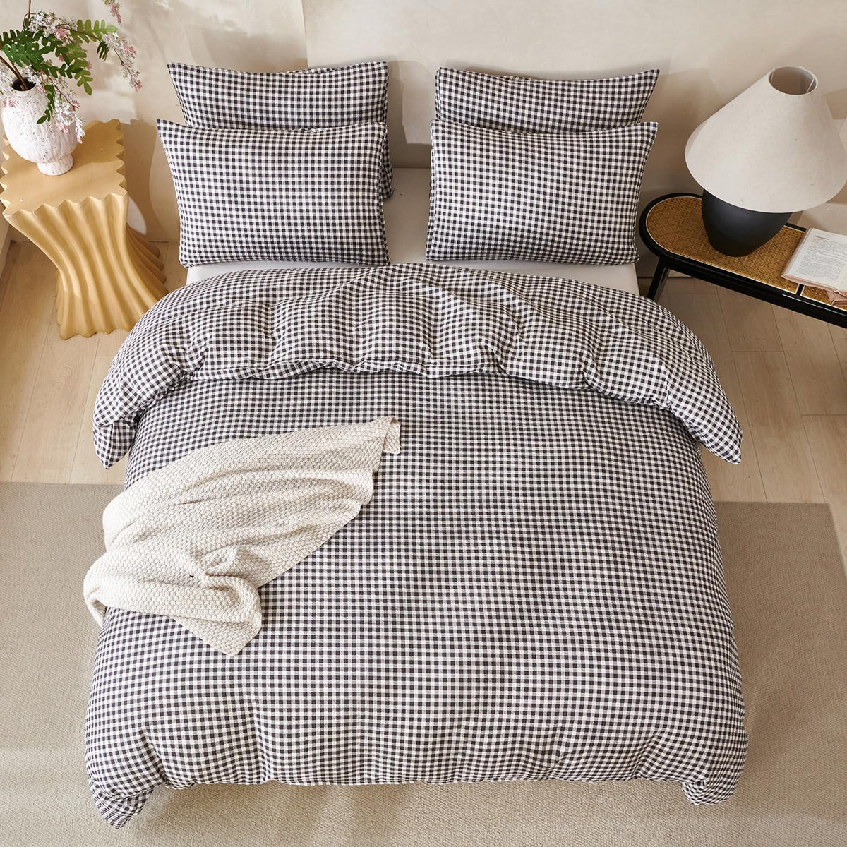 Black Grid Comforter Set Queen Soft Luxury Washed Microfiber 3 Pieces Bedding Set, White Grey Grid Pattern Comforter with 2 Pillowcases Breathable Durable Comfy