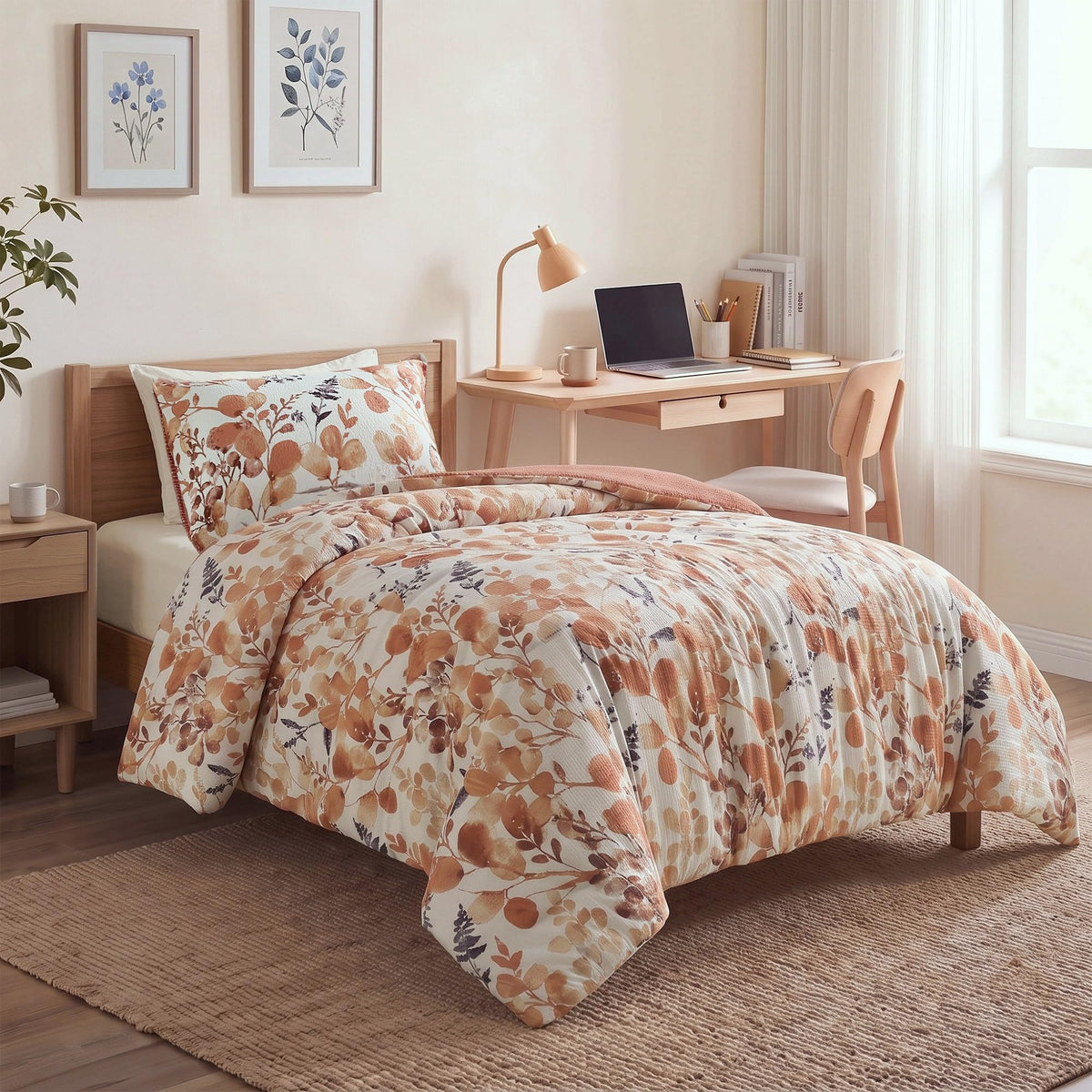 Lightweight Seersucker Botanical Comforter Set Queen Size, 3 Pieces Reversible Design with Striped Print, Premium Microfiber Bedding Set, Comforter and Sham Set, Green