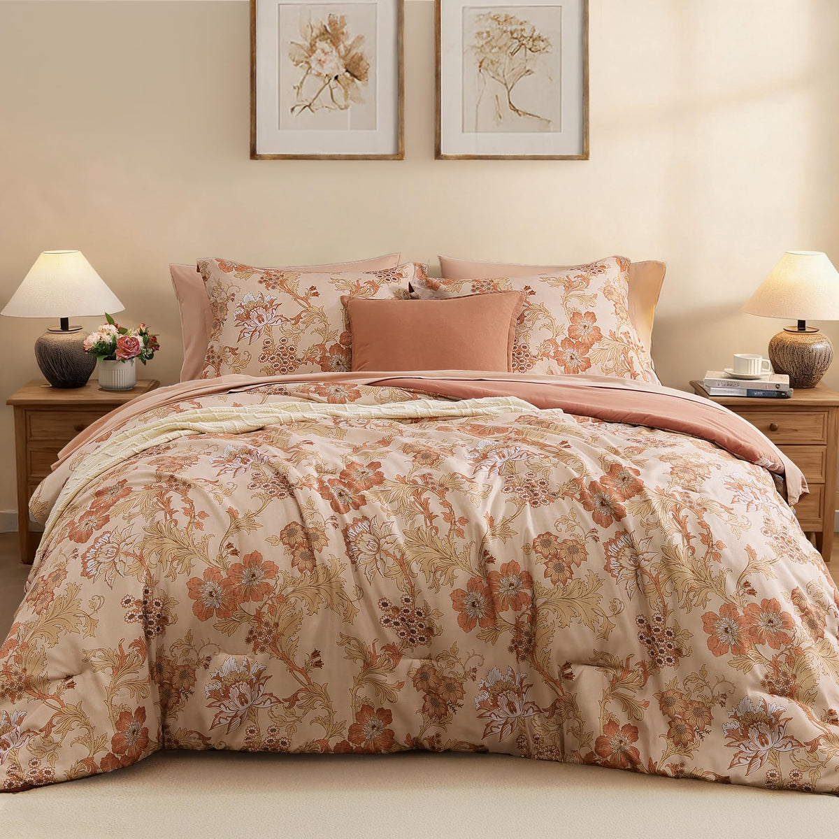BLOOMHAVEN Full Size Comforter Sets-7 Pieces Rose Floral Bed in a Bag