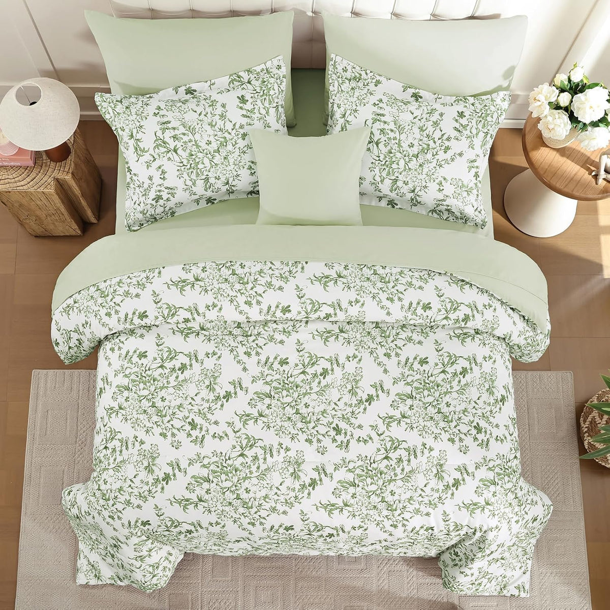WONGS BEDDING 8 Pieces King Size Comforter Set Green,Sage Green Floral Bed in a Bag Comforter Sets, Soft Reversible Botanical Flowers Bedding Sets for All Season (90"x104")