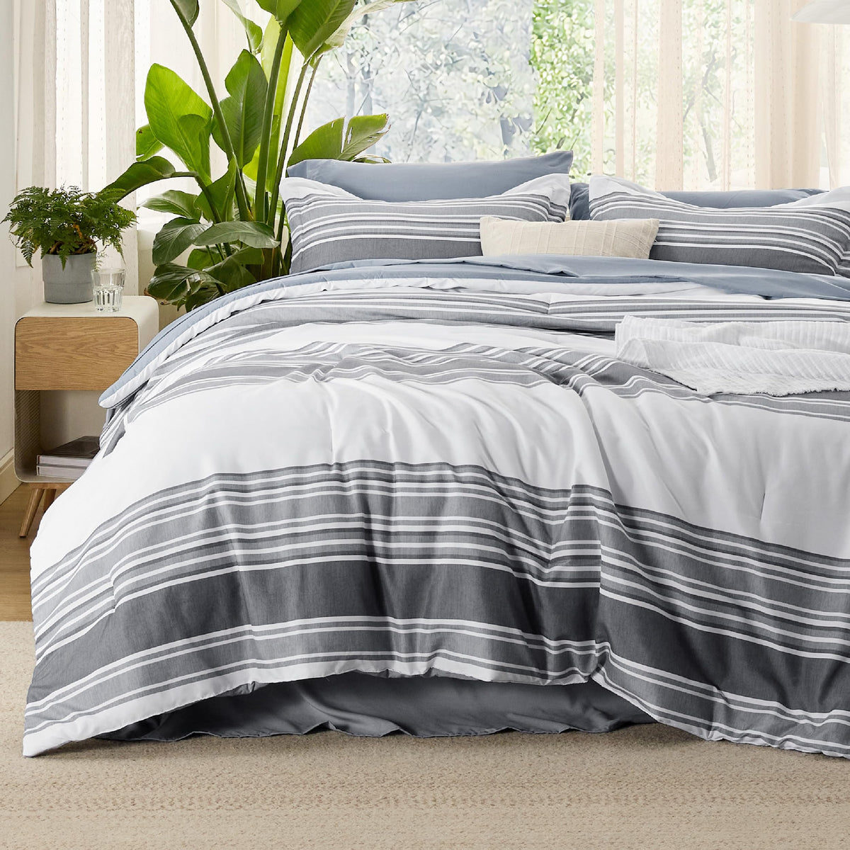 Bedsure Queen Comforter Set, Blue Striped Bedding Set, 7 Piece
