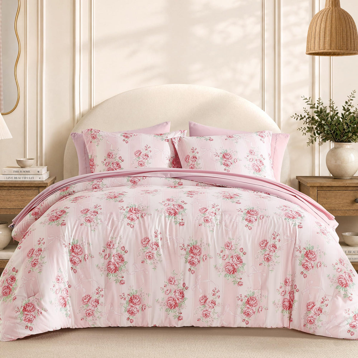 BLOOMHAVEN Full Size Comforter Sets-7 Pieces Rose Floral Bed in a Bag