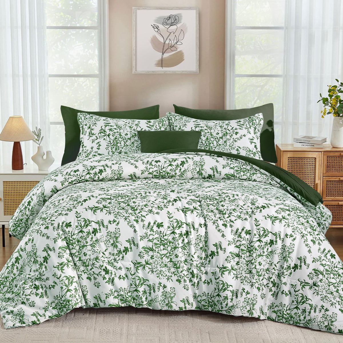 WONGS BEDDING 8 Pieces King Size Comforter Set Green,Sage Green Floral Bed in a Bag Comforter Sets, Soft Reversible Botanical Flowers Bedding Sets for All Season (90"x104")