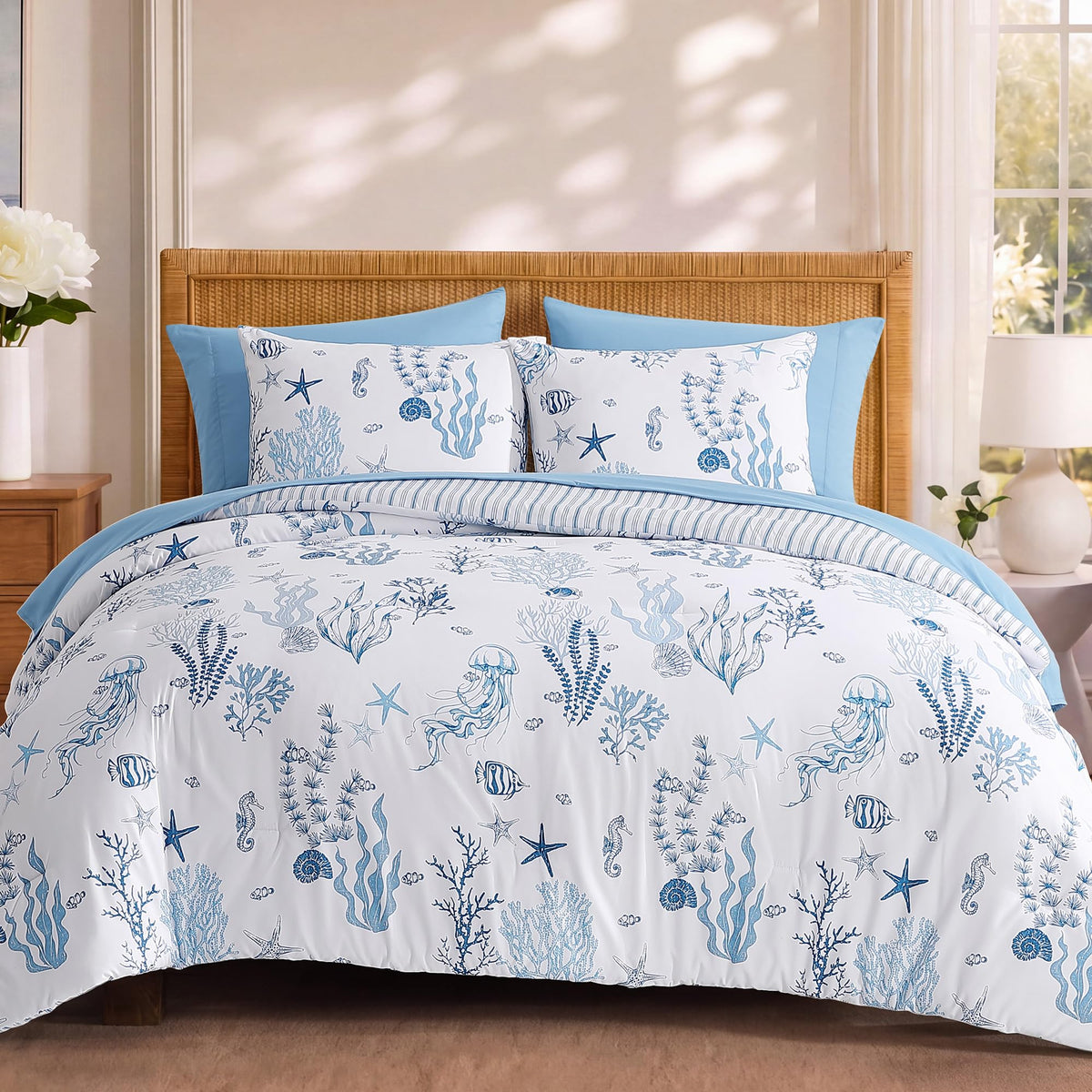 BLOOMHAVEN Full Size Comforter Sets-7 Pieces Rose Floral Bed in a Bag