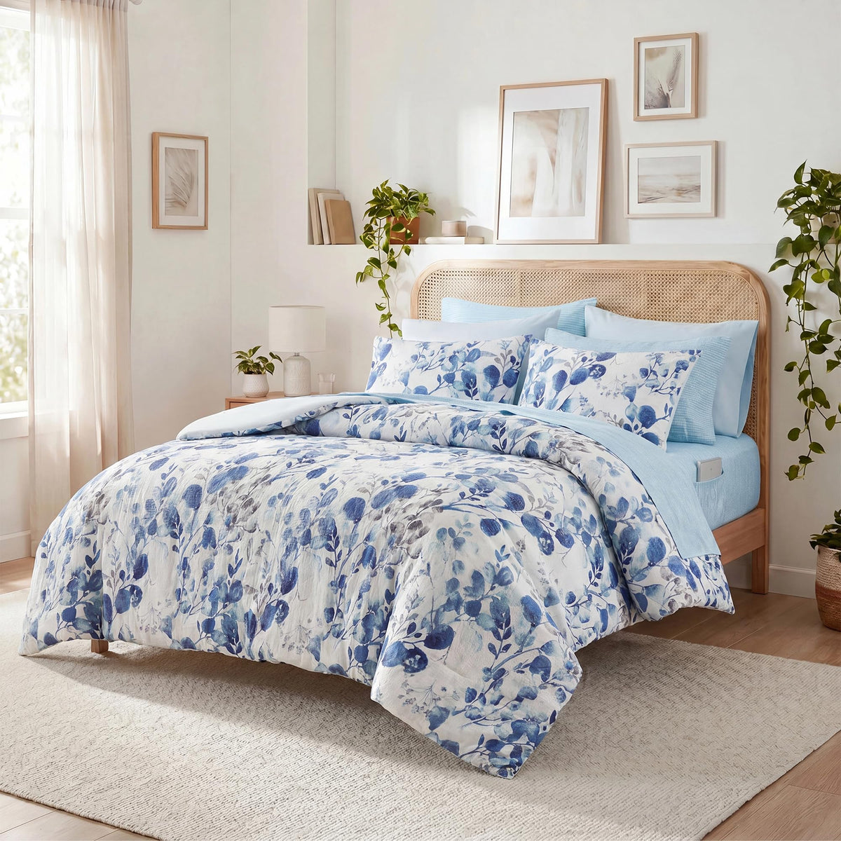 Lightweight Seersucker Botanical Comforter Set Queen Size, 9 Pieces Reversible Design Bed in A Bag Set, Premium Microfiber Bedding Set, Brown