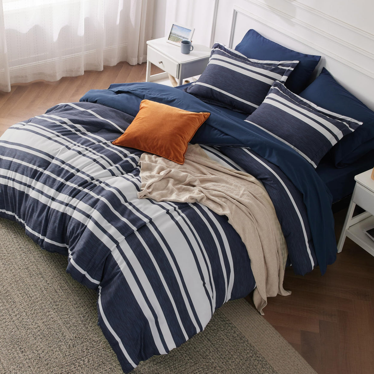 Bedsure Queen Comforter Set, Blue Striped Bedding Set, 7 Piece