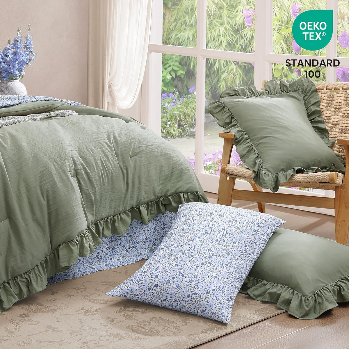 BLOOMHAVEN Queen Comforter Set-7 Pieces Ruffle Bedding with Floral Sheet