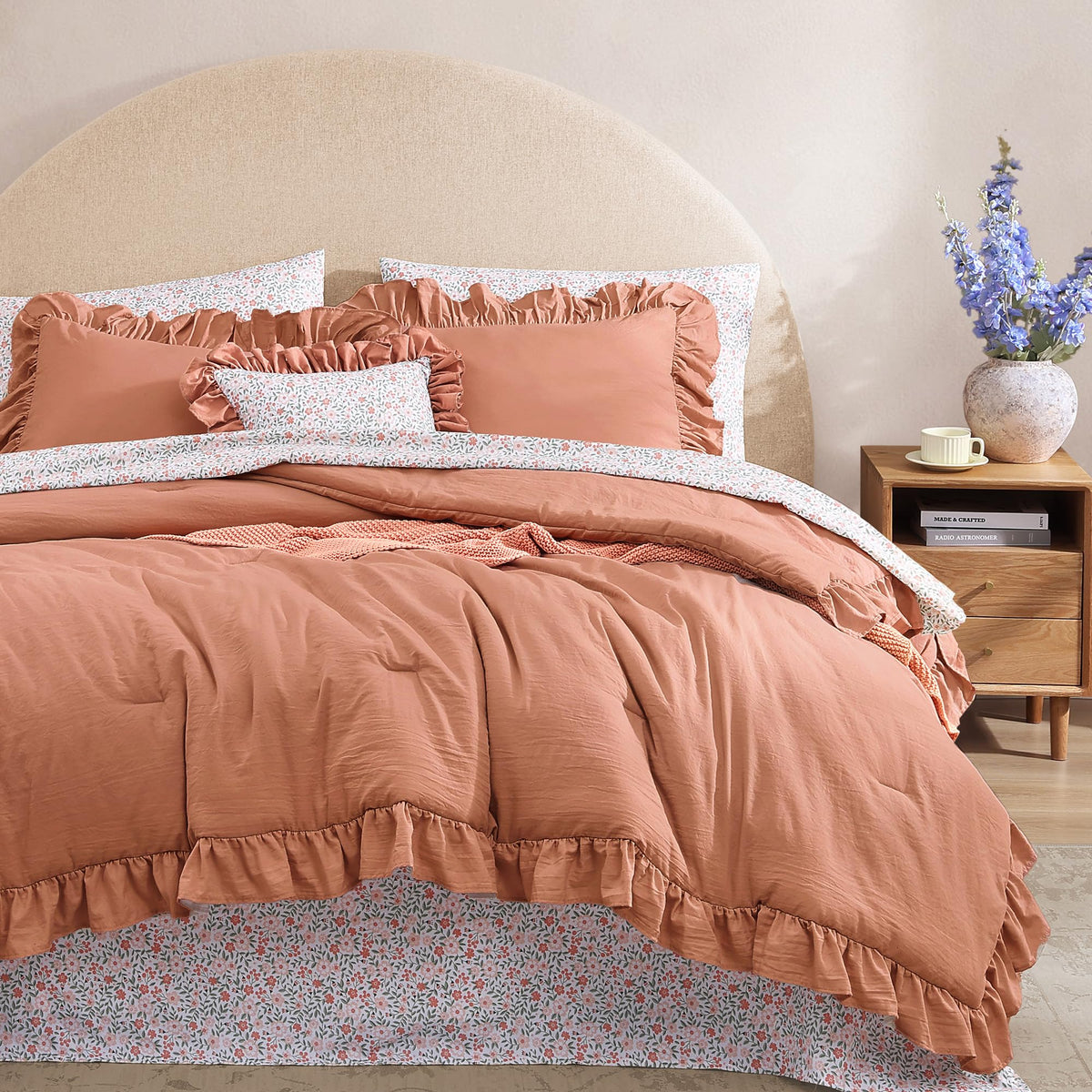 BLOOMHAVEN Queen Comforter Set-7 Pieces Ruffle Bedding with Floral Sheet