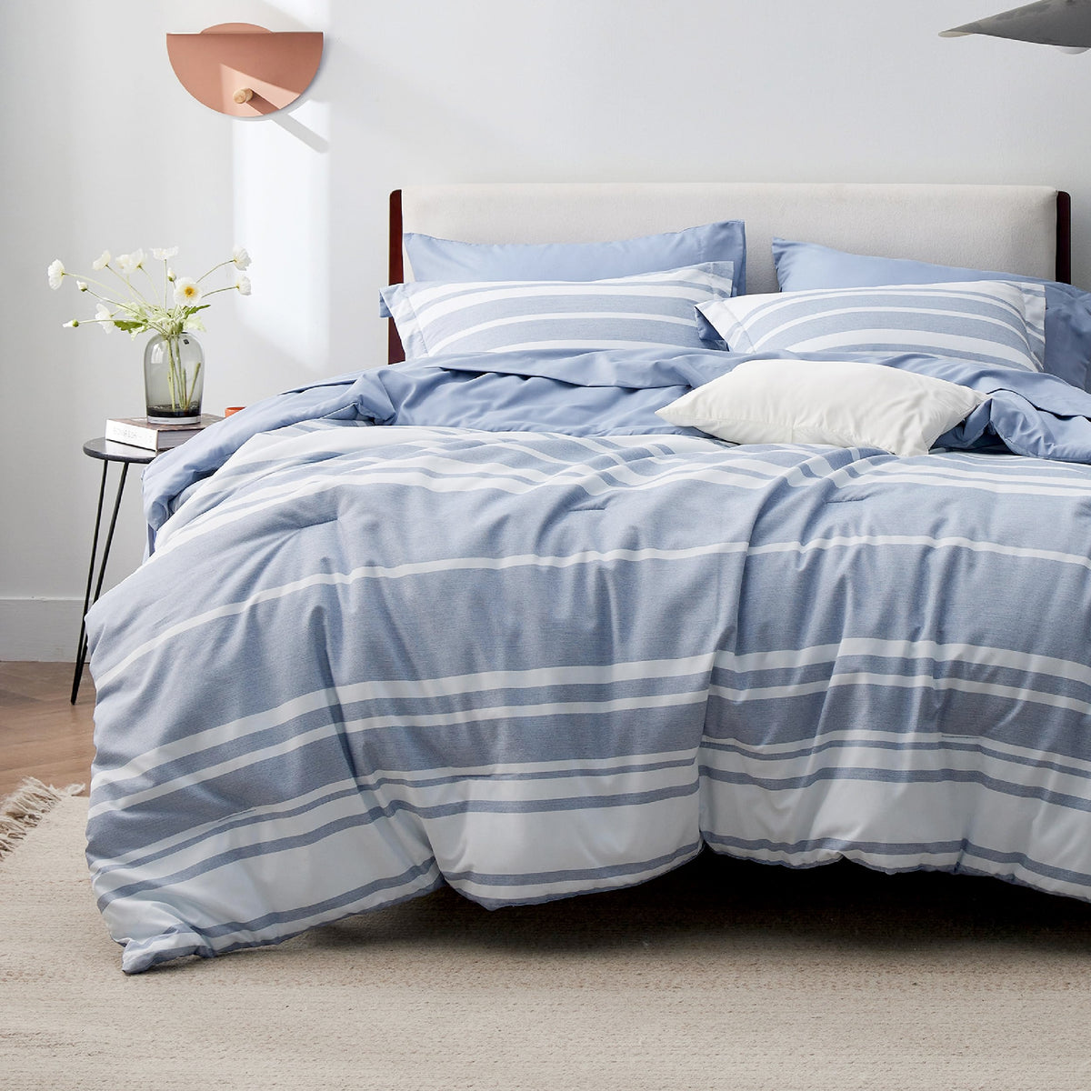 Bedsure Queen Comforter Set, Blue Striped Bedding Set, 7 Piece