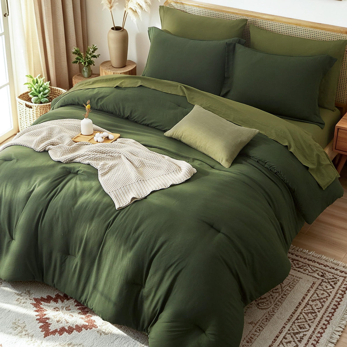 Comforters Queen Size 7 Pieces, Dark Green Bed Set