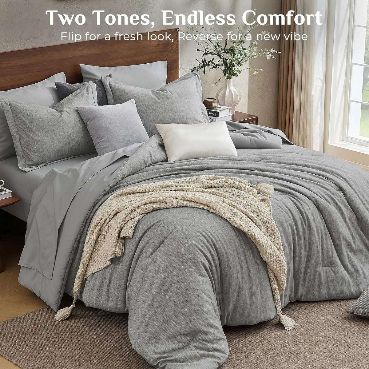 JOLLYVOGUE Grey Queen Comforter Set, Cationic Dyeing Bed in a Bag Queen 7 Pieces, Double-Tone Bedding Set with Down Alternative Comforter, Sheets, Pillowcases & Shams