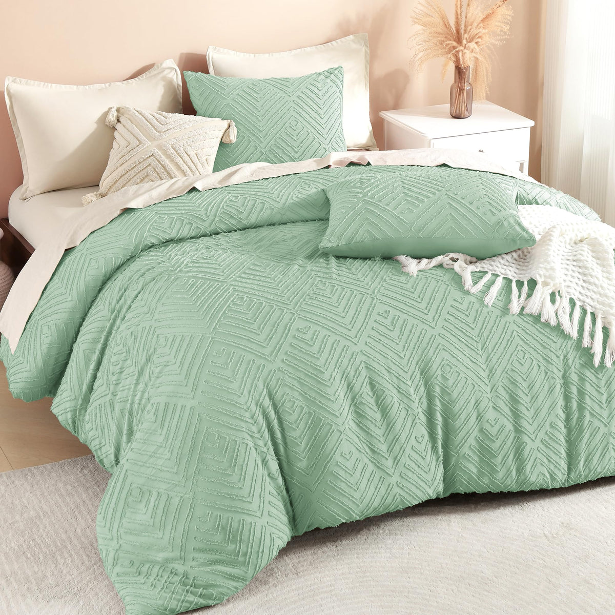 Litanika California King Comforter Set, 3 Pcs Beige Tufted Boho Bedding Set
