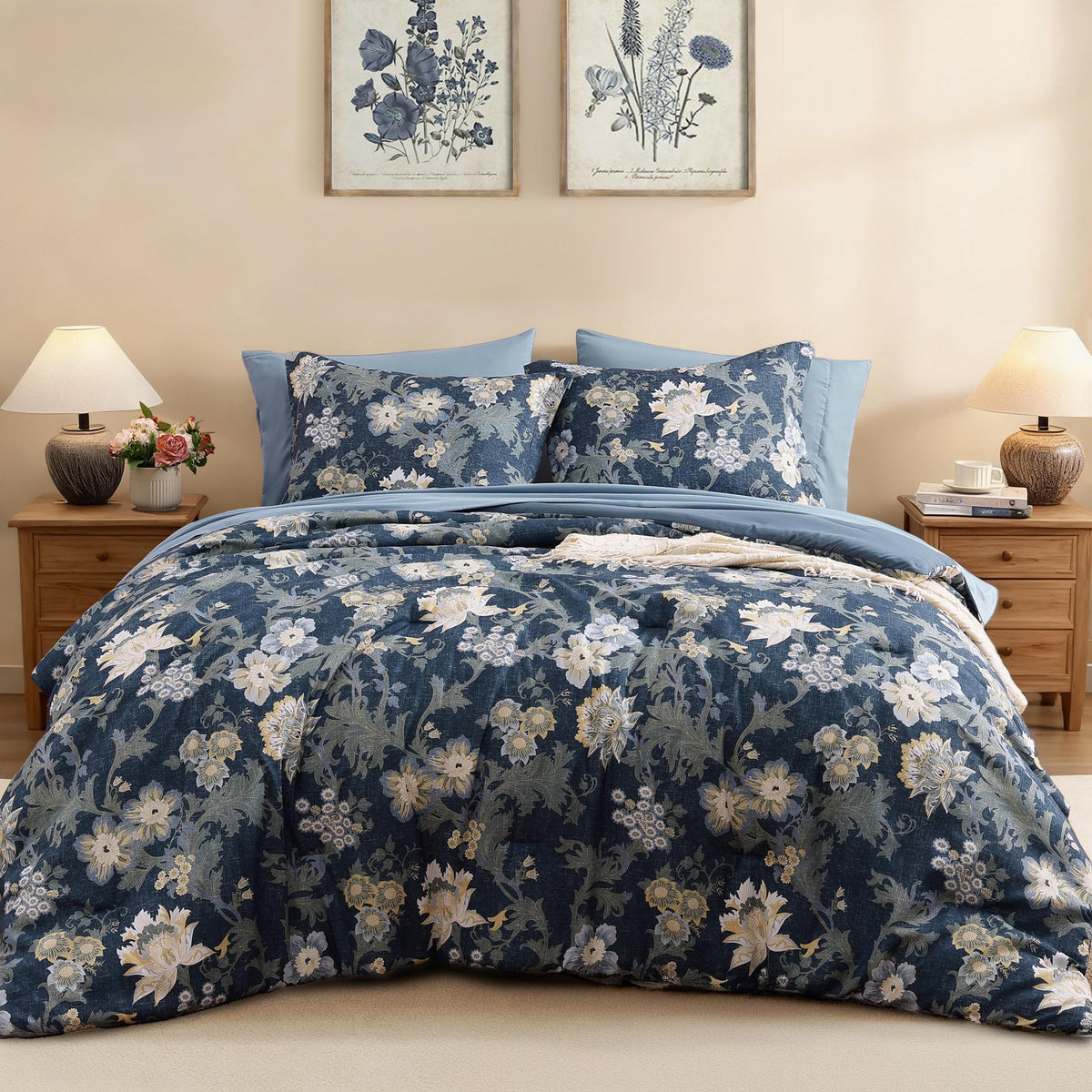 BLOOMHAVEN Full Size Comforter Sets-7 Pieces Rose Floral Bed in a Bag