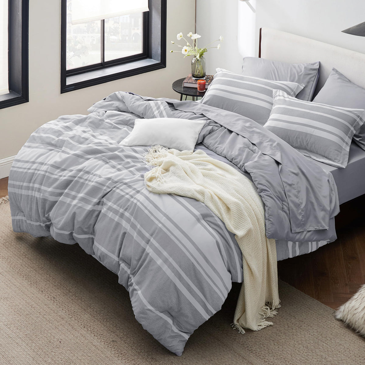 Bedsure Queen Comforter Set, Blue Striped Bedding Set, 7 Piece