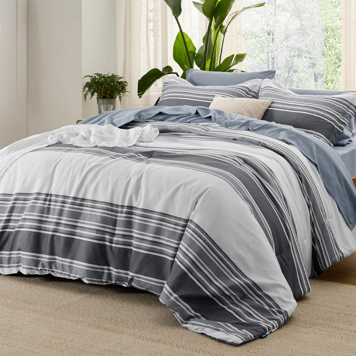 Bedsure Queen Comforter Set, Blue Striped Bedding Set, 7 Piece
