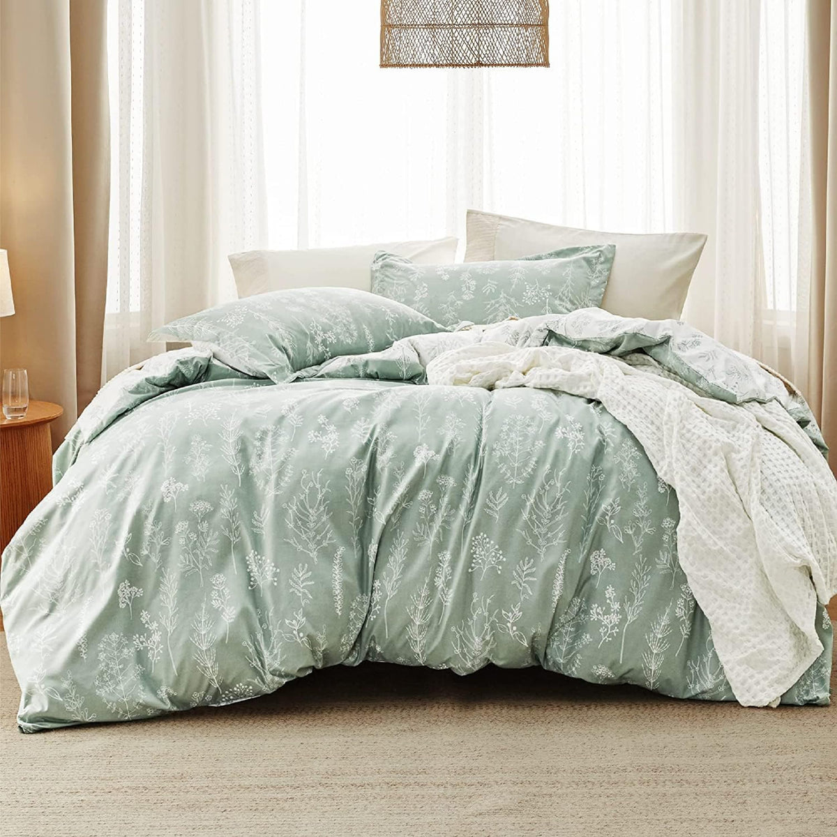 Bedsure Floral Comforter Set Cute Bedding Set Queen Reversible Sage Green