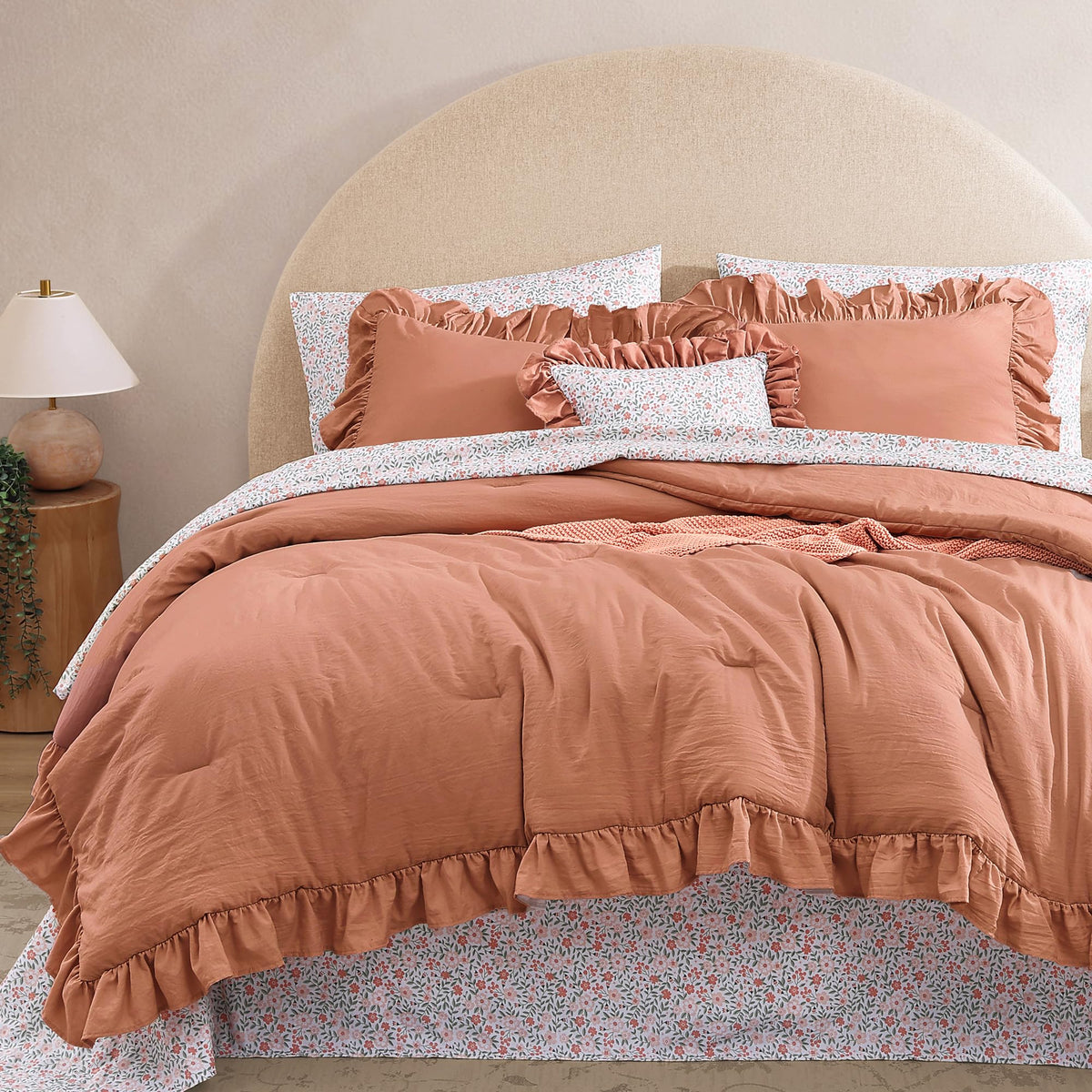 BLOOMHAVEN Queen Comforter Set-7 Pieces Ruffle Bedding with Floral Sheet