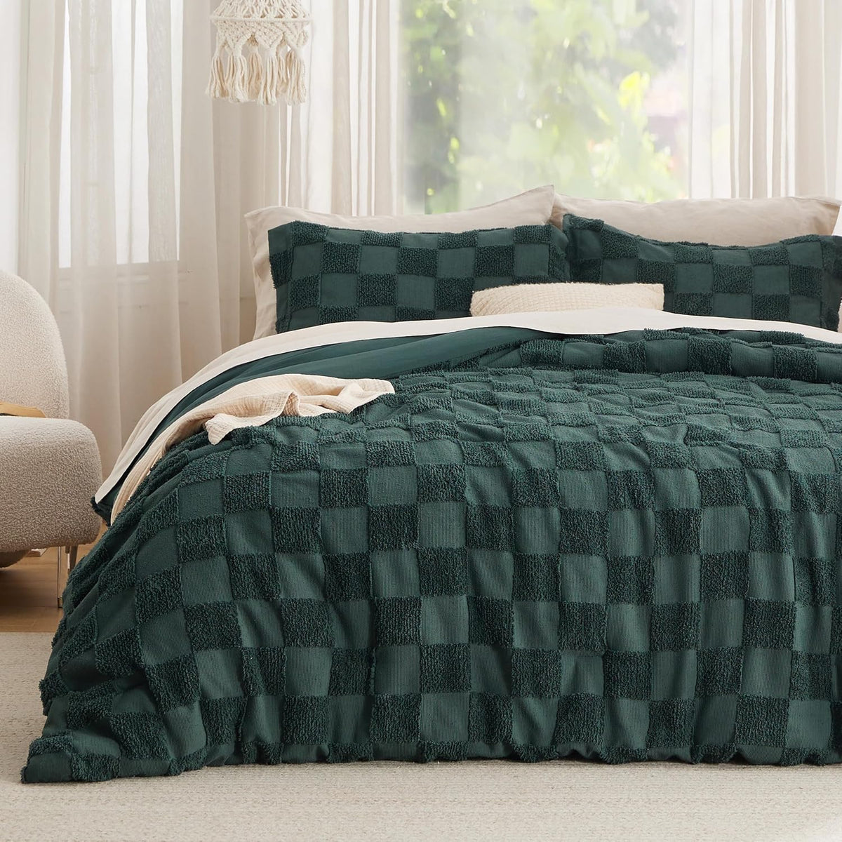 Bedsure Comforters Queen Set Boho, Vintage Plaid Bedding Set Beige 3 Pcs
