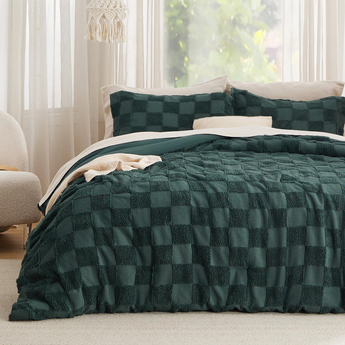 Bedsure Comforters Queen Set Boho, Vintage Plaid Bedding Set Beige 3 Pcs