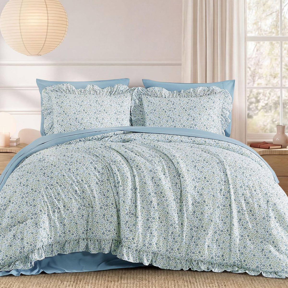 BLOOMHAVEN Queen Comforter Set-7 Pieces Ruffle Bedding with Floral Sheet