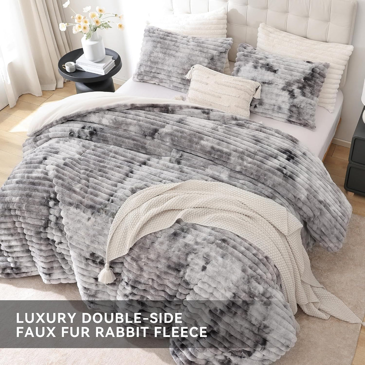 Smoofy Fluffy Queen Size Comforter 3 PCS - Tie Dye Grey Fleece Bedding Set
