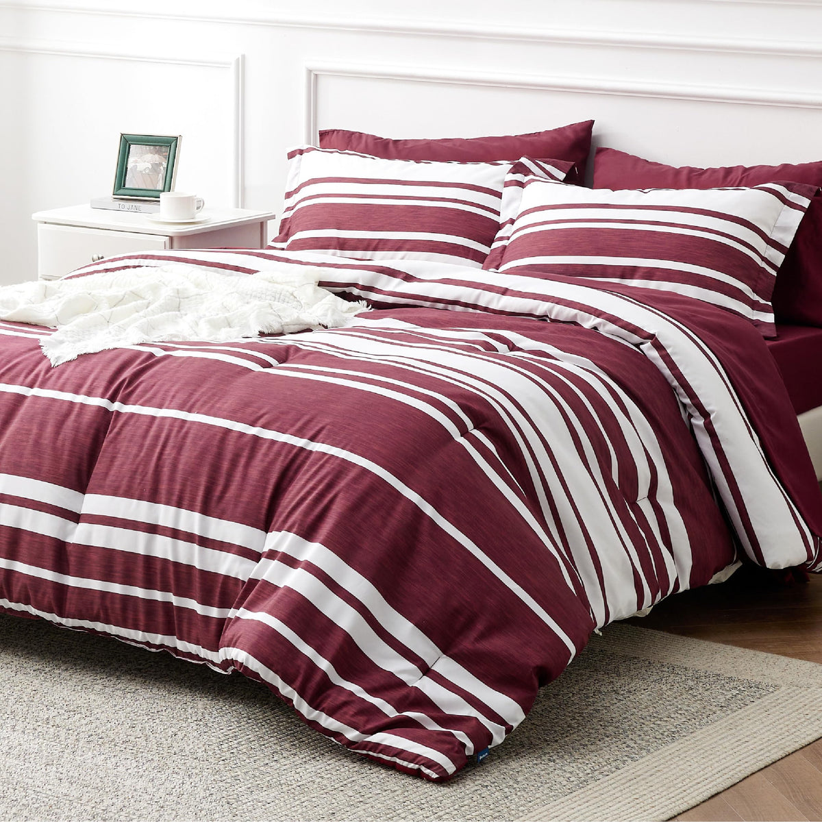 Bedsure Queen Comforter Set, Blue Striped Bedding Set, 7 Piece